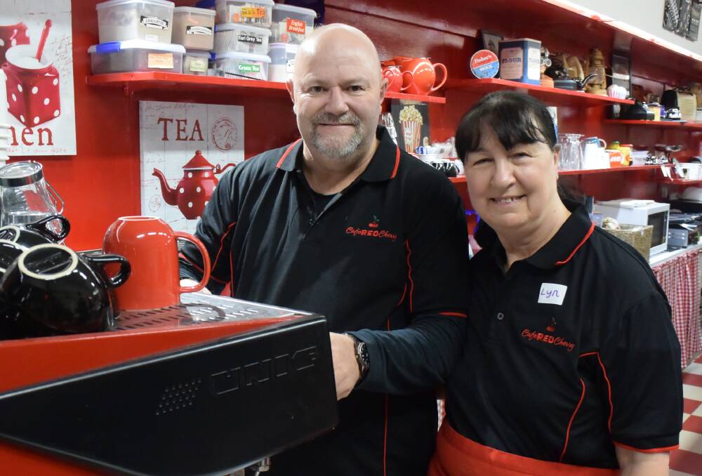 REMAKE: Les Harding and Lyn Rogers grind Italian coffee at their new Cafe Red Cherry in Horsham. Picture: REX MARTINICH