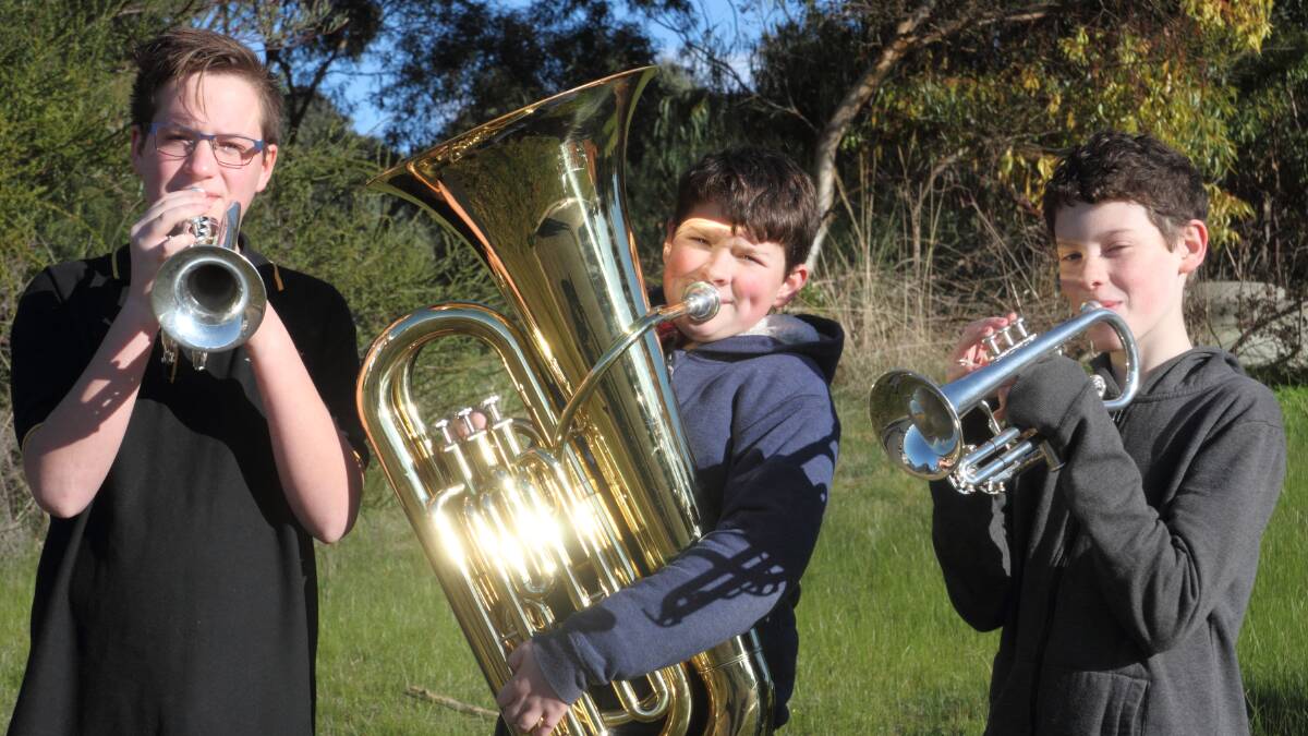 Musicians Lachie, Joe and Jacob will rehearsing in Ararat for a Grampians Youth Brass Band concert in Halls Gap on Friday. Picture: PETER PICKERING