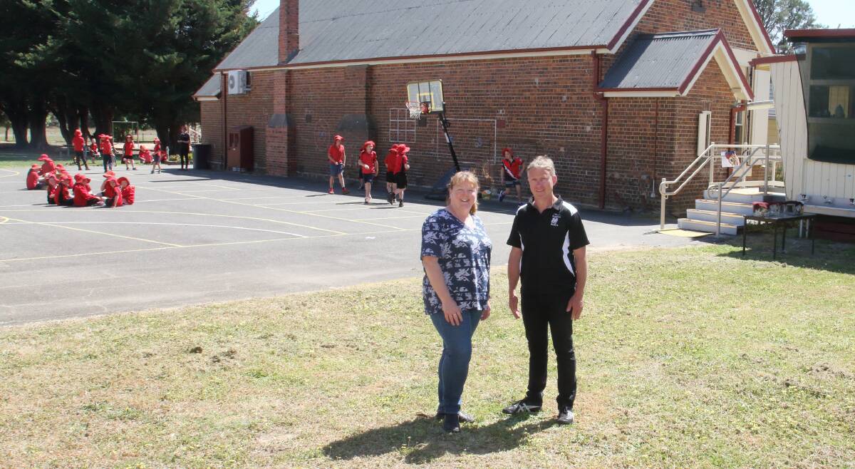 PLANS: Moyston School president Lydia Jackson and principal Anthony Cain on the future site of the school's shade shelter. Picture: PETER PICKERING