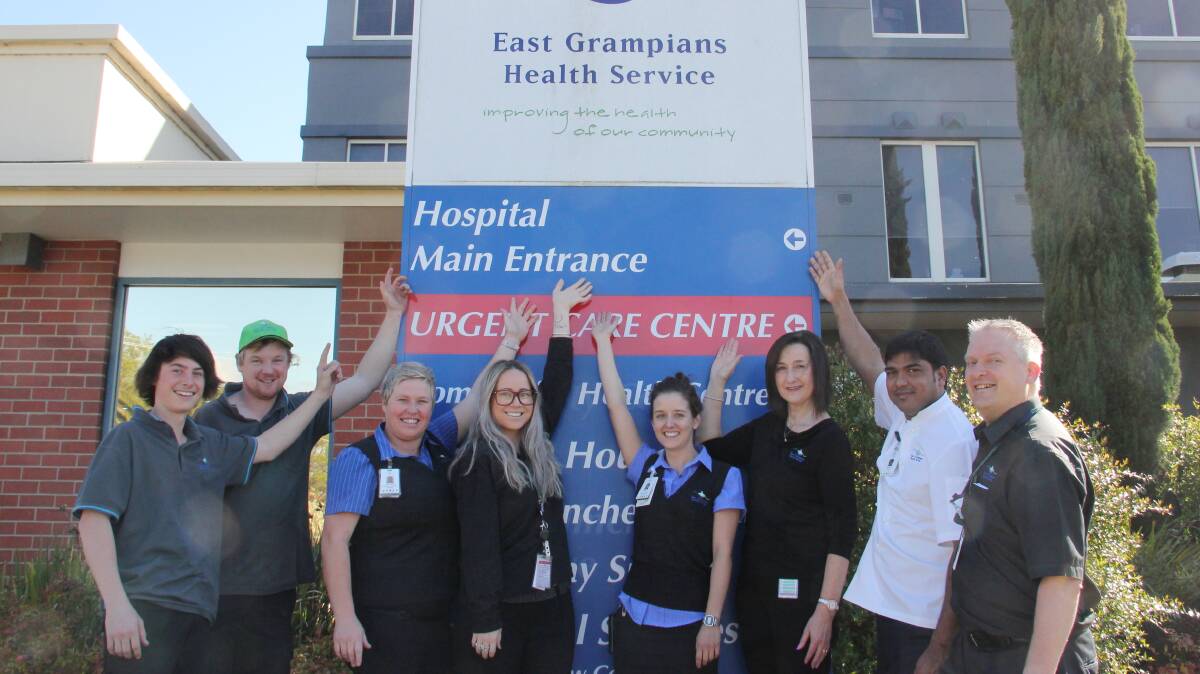 Logan Wilson, Ash Leggett, Terri-Anne Lewis, Catherine Phillips, Amy Cooper, Kerrie Newton, Naveen Mettu and Robert McKinnis celebrate East Grampians Health Service being nominated for the Premier’s Health Service of the Year (medium size). Picture: CONTRIBUTED