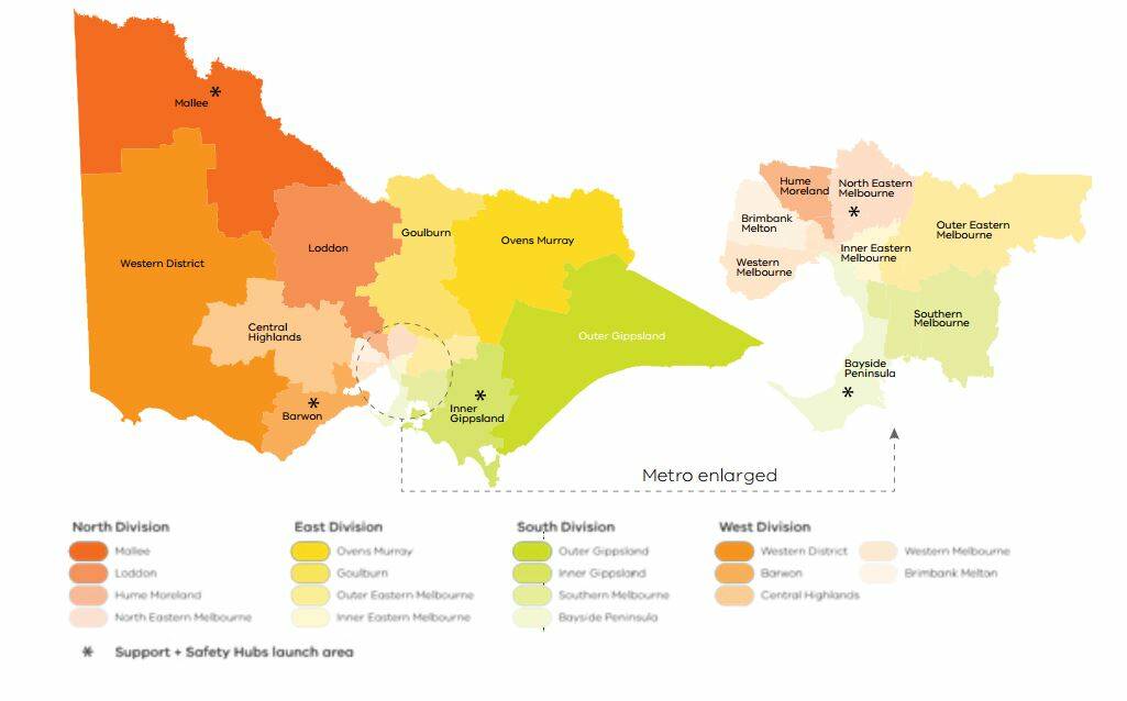 A map of regions that will each receive one new family violence safety hub. Regions marked with an asterisk are 'launch' regions, which will see progress towards a safety hub in 2017. Picture: CONTRIBUTED 