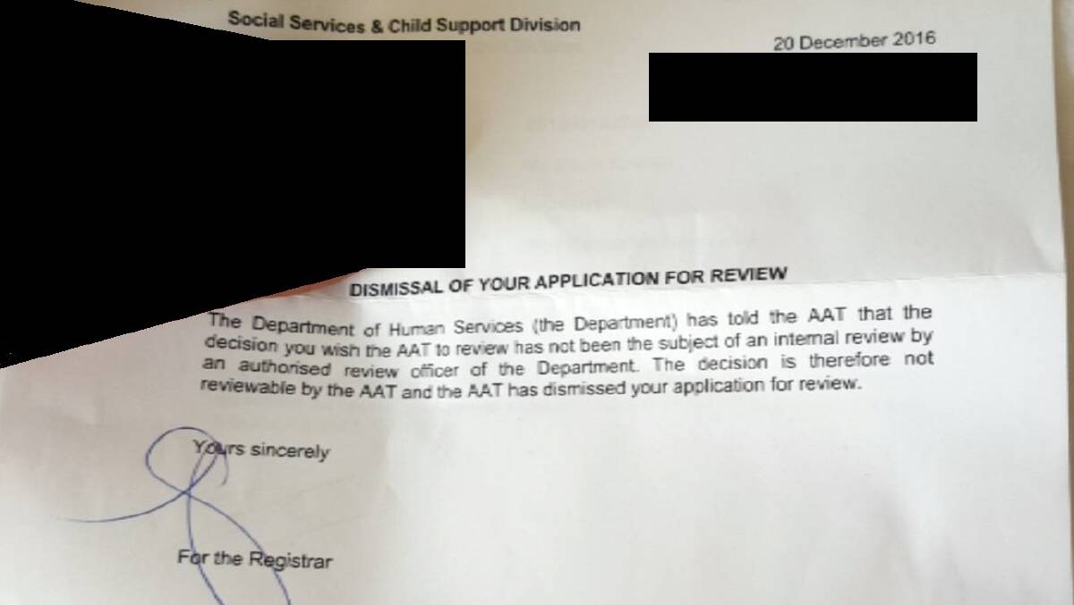 A notice sent from the Administrative Appeals Tribunal to a Horsham woman notifying her that a request for a review of her Centrelink debt had been denied.