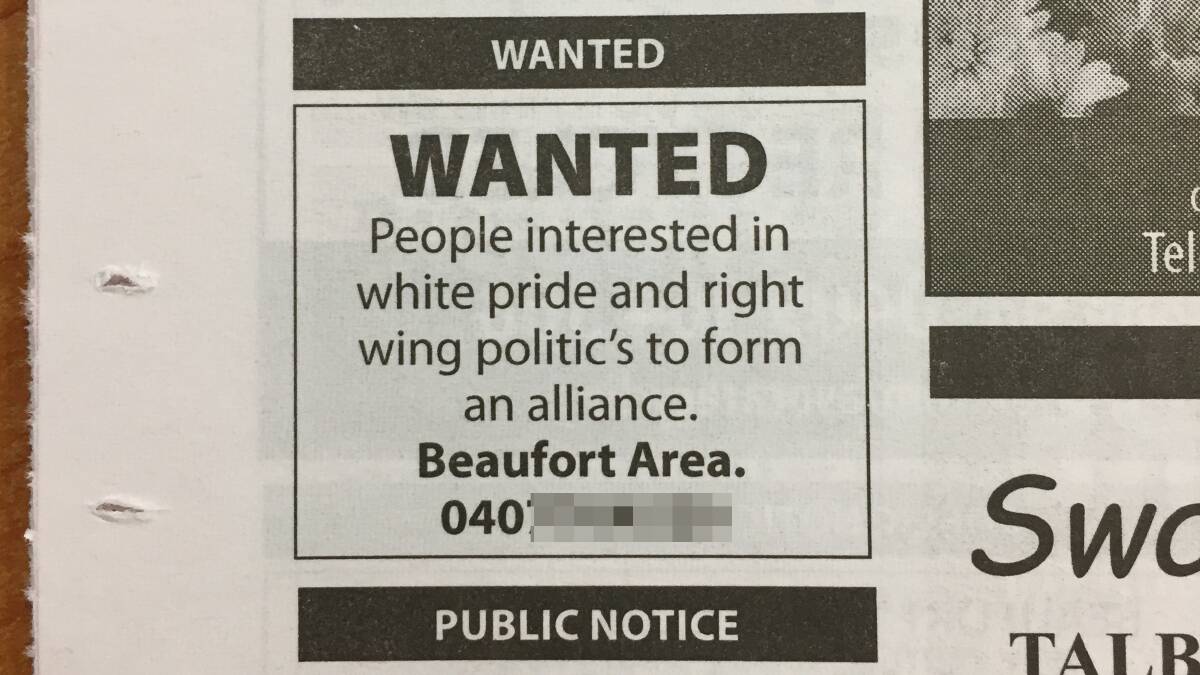 A classified advertisement placed in a community newspaper not operated by Fairfax Media on October 27 seeking people interested in forming a 'white pride alliance'. Picture: REX MARTINICH 