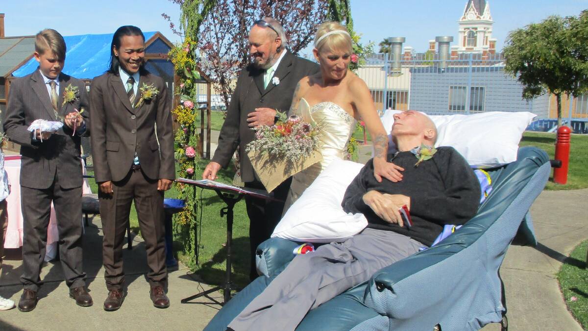 VOWS: Best man Bly Wallace, groom Sugito, celebrant Ron Roberts, bride Allyson Wallace and 70 Lowe Street resident Harold Pevitt, who gave Allyson away. Picture: CONTRIBUTED