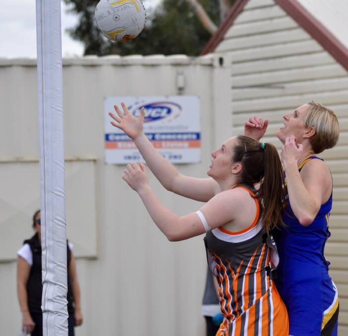 STAR SHOOTER: Giants goal shooter Zali Brown fights for the rebound. Brown scored 29 goals for the Giants in round seven of Horsham District Football Netball League. Picture: GEORGIA HALLAM