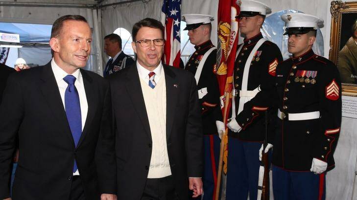 US Ambassador John Berry with former prime minister Tony Abbott at last year's 4th of July Independence Day event at the US  embassy in Canberra. Photo: Andrew Meares