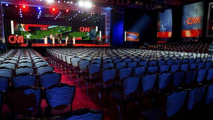 Preparations ahead of CNN's Democratic presidential debate at the Wynn Las Vegas. Few observers believe the event will be as combative as the earlier Republican debates. Photo: New York Times