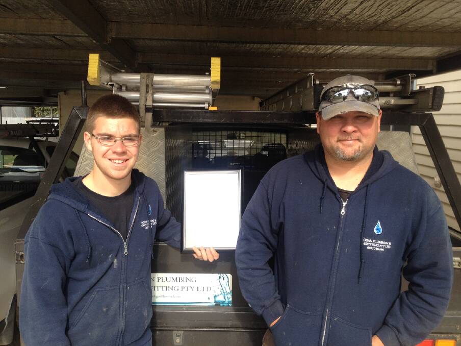Matthew Harrington is a plumbing apprentice and is pictured with employer Jarrod Hogan.