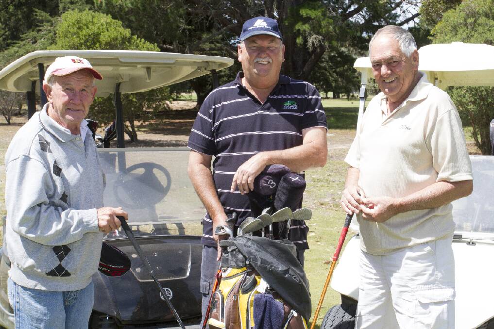 Golfers Alan Wilson, Terry Hinch and Bill Hosking get in some practice for the annual Ararat Legacy Golf Day.