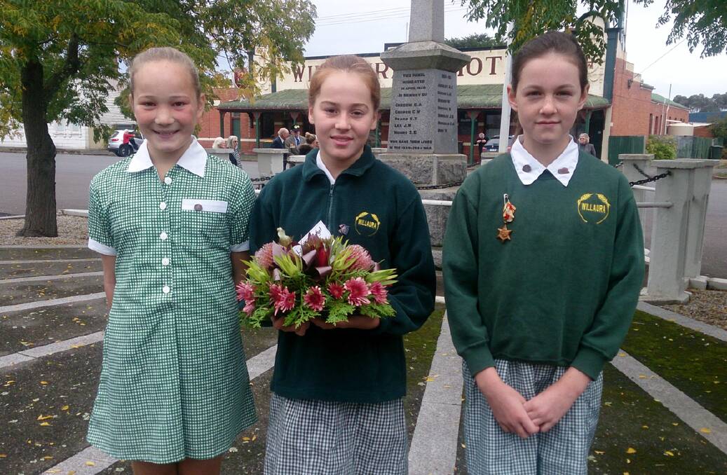 Sophie, Sophie and Scarlett, Willaura Primary School students who read the names of the fallen and the Requiem at the Willaura Anzac Day service.