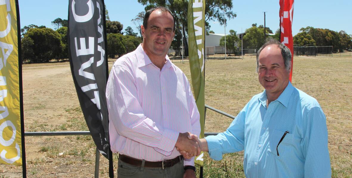 The Nationals' candidate for Ripon Scott Turner with Ararat Rural City Mayor Paul Hooper at Gordon Street Oval during Friday's funding announcement.
