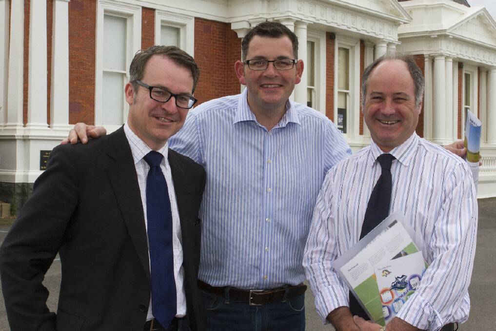 Labor candidate for Ripon Daniel McGlone, Opposition Leader Daniel Andrews and Ararat Rural City Mayor Cr Paul Hooper discuss the much needed Ararat Town Hall upgrade. Picture: PETER PICKERING