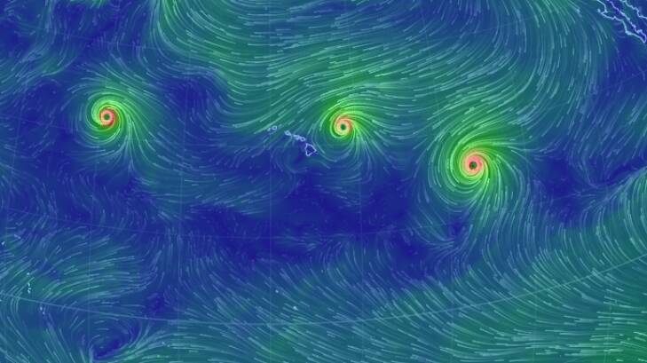 The trio of category-4 hurricanes spinning near the Hawaiian Islands. Photo: Earth Null School