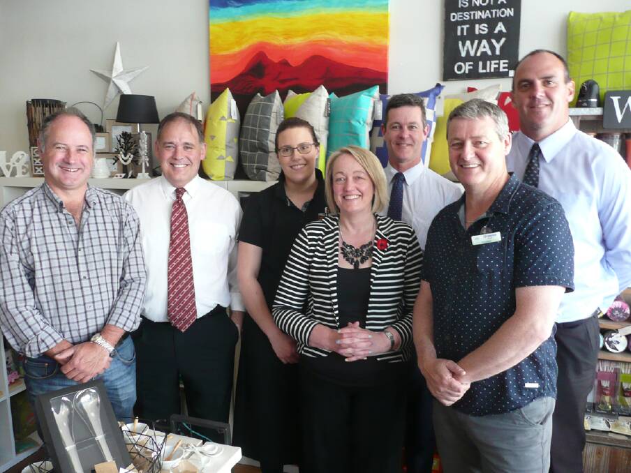 (L-r) Ararat Rural City Mayor, Cr Paul Hooper, chief executive officer Andrew Evans, Fred 'n' Bets' Hannah Cunningham, Liberal Party candidate for Ripon Louise Staley, Minister for Small Business Russell Northe, Ararat Regional Business Association president Graeme Foster and The Nationals candidate for Ripon Scott Tuner. Picture: BEN KIMBER