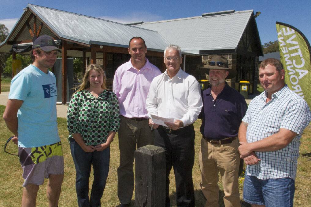Dan Jess, Alison Tonkin, Nationals candidate for Ripon Scott Turner, Minister for Sport and Recreation Damian Drum, John McGrath and Damian Ferrari from the Buangor Community Sports Centre. Picture: PETER PICKERING