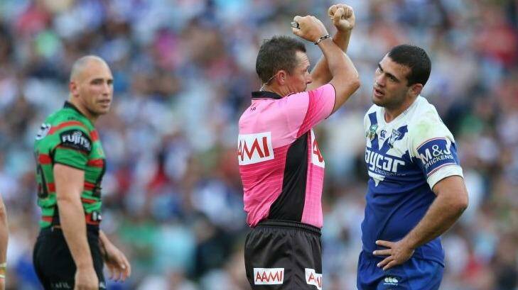 Crackdown: Dale Finucane is put on report against the Rabbitohs and was subsequently charged with a grade-one dangerous throw. Photo: Anthony Johnson