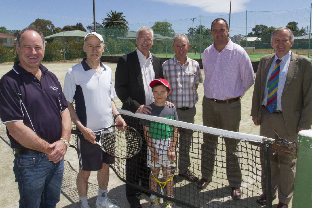 OPENING UP: (L-R) Ararat Rural City Mayor, Cr Paul Hooper, Alex Drosg, Sports Minister Damian Drum, junior player Shaun, Peter Brennan, The Nationals Ripon candidate Scott Turner and Ken Jacobs from Tennis Victoria. Picture: PETER PICKERING