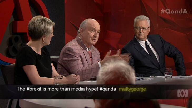 Against plebiscite ... <i>Q&A</i> panellist Alan Jones, centre, believes parliament should vote on the issue of marriage equality. Photo: ABC
