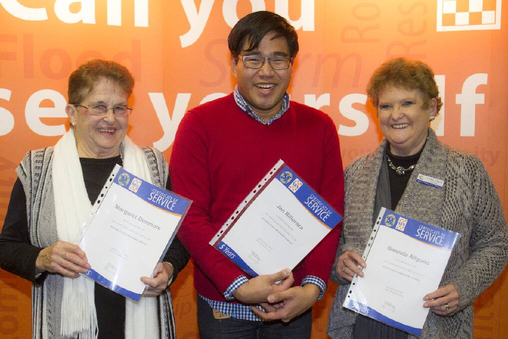 Margaret Dunmore, Jan Rilloraza and Gwenda Allgood with their five year Certificates of Service