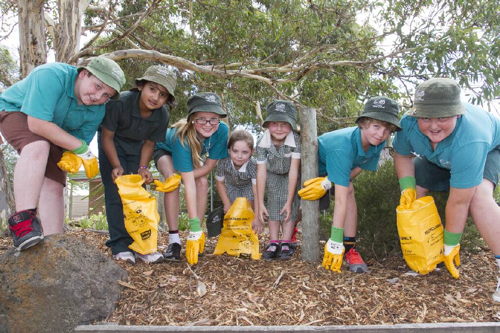 Ararat North students Kyle, Hiba, Chloe, Rhiannon, Learna, Riley and Corey on the clean up trail during Clean Up Australia Day. Picture: PETER PICKERING