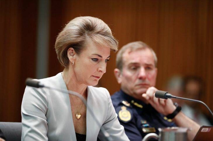 Senator Michaelia Cash and Australian Border Force Acting Commissioner Michael Outram during a Senate estimates hearing at Parliament House in Canberra on Monday 23 October 2017. fedpol Photo: Alex Ellinghausen 