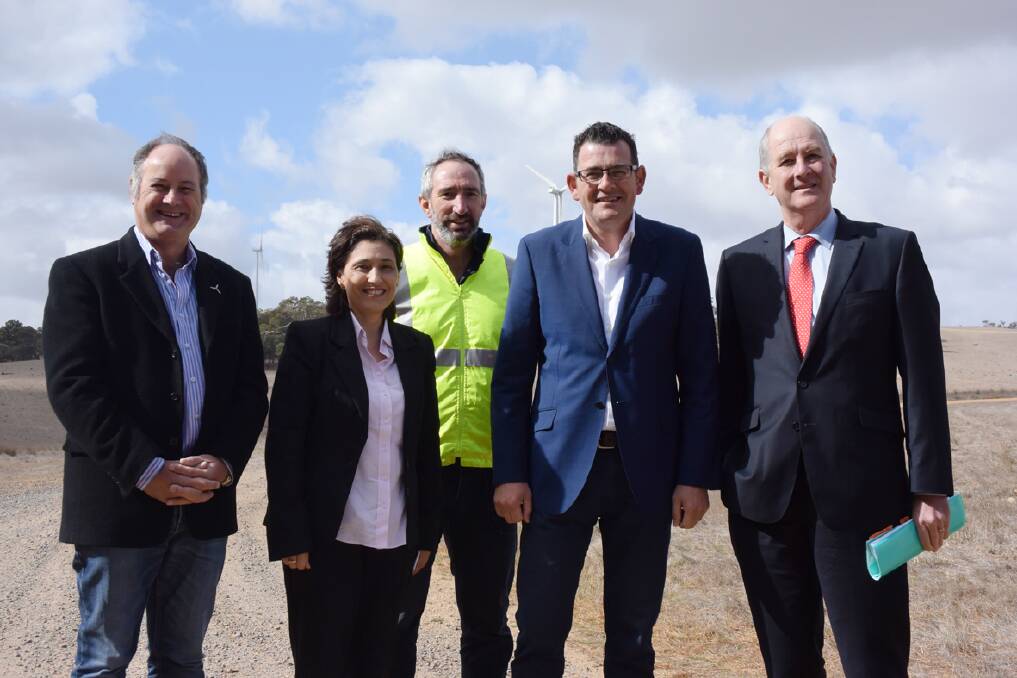Ararat Rural City mayor Paul Hooper, Victorian Minister for Industry Lily D'Ambrosio, Pacific Hydro wind farm supervisor Shaun Blackie, Premier Daniel Andrews and Minister for Planning, Richard Wynne at the Chullicum Hills site on Friday. Picture: SAM SHALDERS