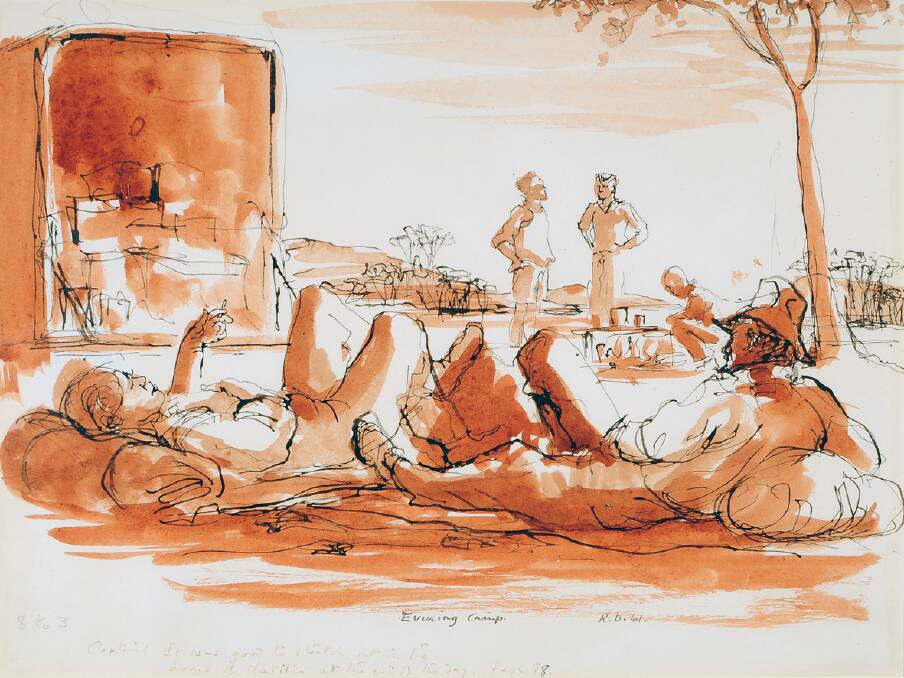 Russell Drysdale, Evening Camp 1961, pen, ink, 25x33cm, AlburyCity Collection.