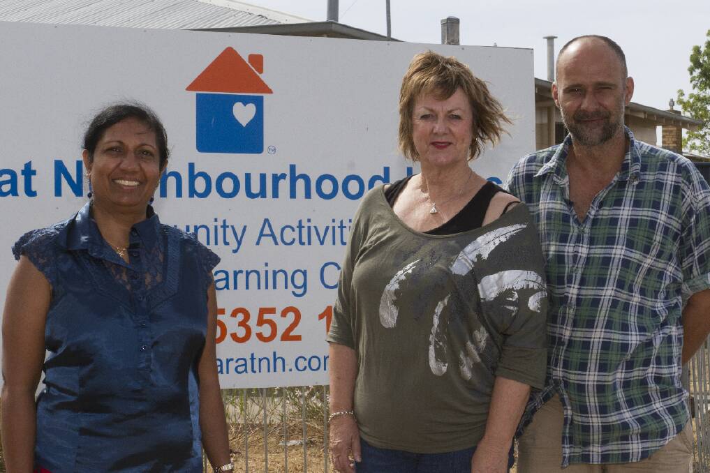 President of Ararat Neighbourhood House Julie Maddocks, centre, and Paul Green welcome new community development and planning project worker Kathy Mendis to the Neighbourhood House. 
 Pictures: PETER PICKERING