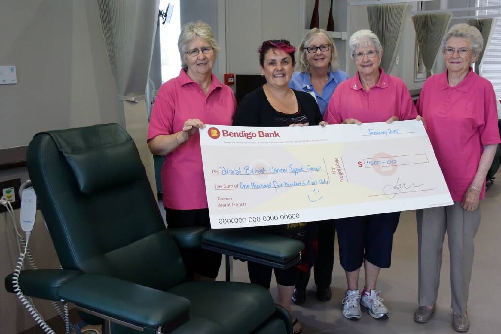 Fifty Shades of Grey fundraising organiser Ange Stacpoole (second from left) hands over a cheque to Ararat Breast Cancer Support group members Kaye Fox, Bev Walker, Dot Kerr and East Grampians Health Service manager of acute services Lorine Paterson (centre). Picture: SAM SHALDERS