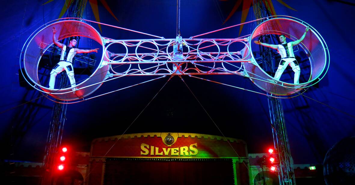 Silvers Circus performers Dominik Gasser and Ramon Kathriner during their act, Wheel of Steel.