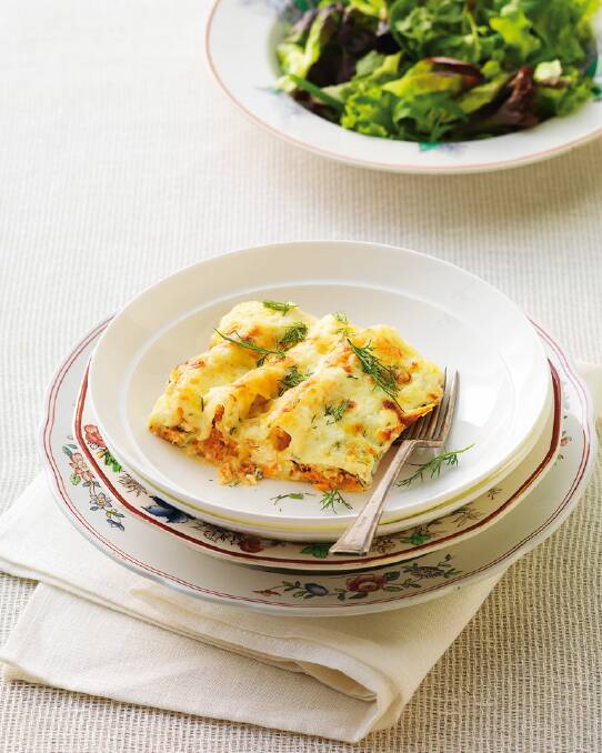 Salmon and ricotta cannelloni <a href=" http://www.goodfood.com.au/good-food/cook/recipe/salmon-and-ricotta-cannelloni-20131031-2wl94.html"><b>(recipe here).</b></a>