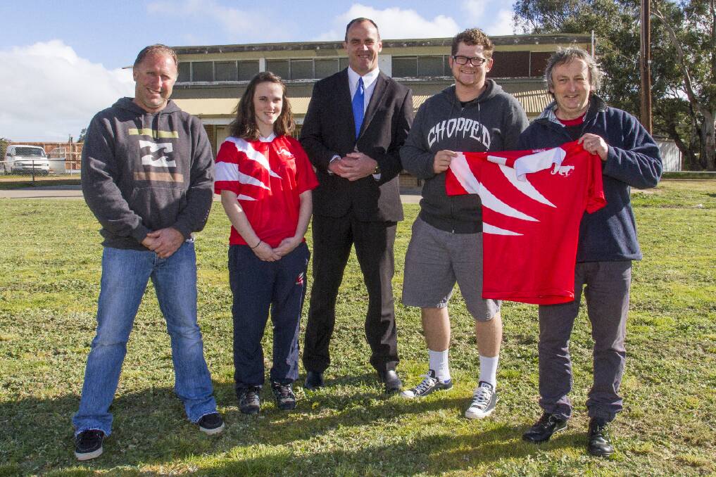 The Nationals’ candidate for Ripon Scott Turner (centre) with some sporting group users who would benefit from the upgrade to Gordon Street Oval (L-R) Tim Shea from the Ararat Pony Club, and Brigitta Hodgetts, Luke Rudolph and Mark Hodgetts from Grampians Hockey. Picture: PETER PICKERING