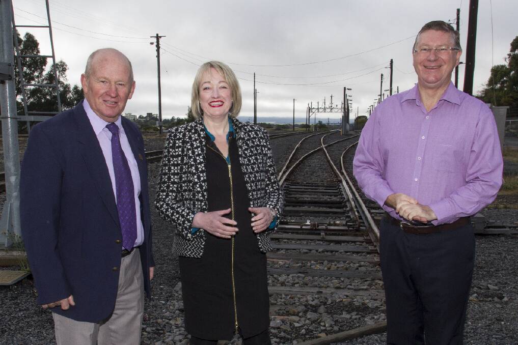 Pyrenees Shire Mayor Cr Robert Vance, Liberal candidate for Ripon Louise Staley and Premier Denis Napthine at the Ararat railyards. Picture: PETER PICKERING