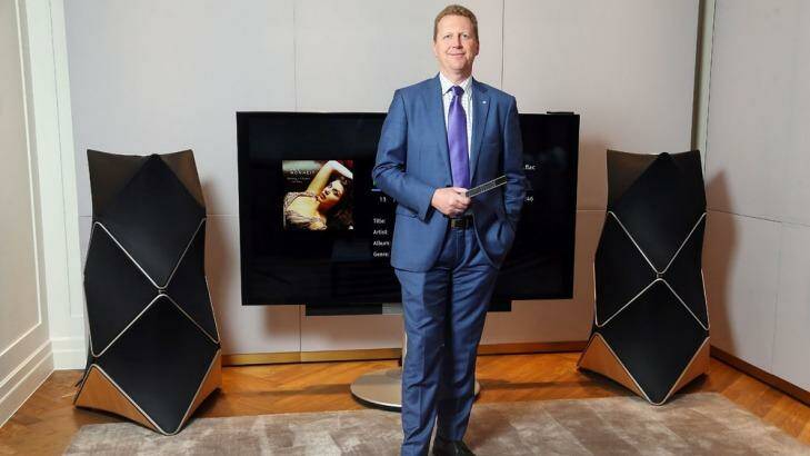 Julian Kipping, GM of Bang & Olufsen Australia and New Zealand, with the $100,000 BeoLab 90 speakers. 