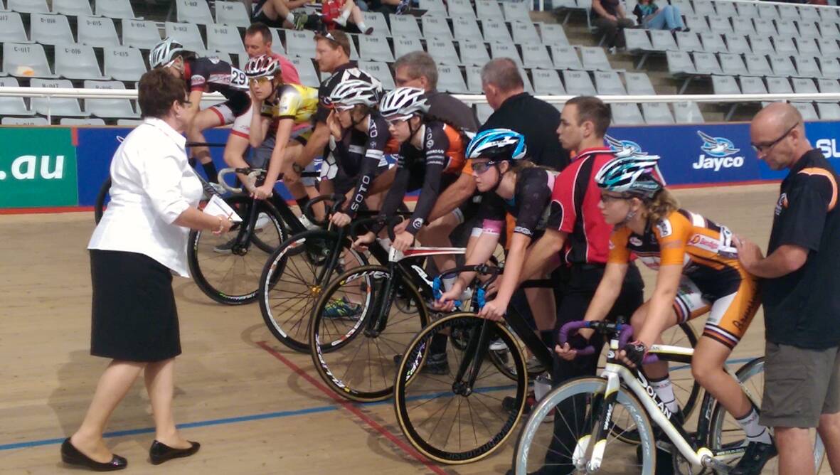 Ararat cyclist Alice Culling (second rider from the left) on the start line during the final of the JW17 Keirin event at the National Junior Track Series in Adelaide. Culling finished third in the final. Picture: CONTRIBUTED