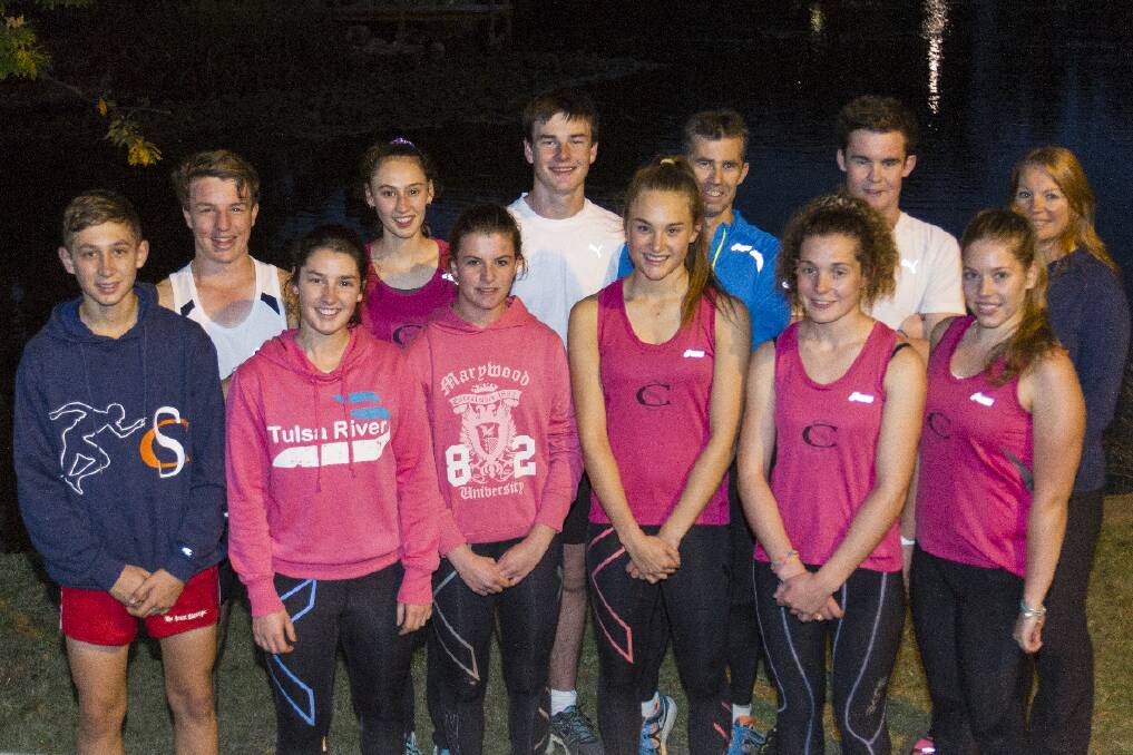 Marcus Cooper Stable athletes competing in the Australia Post Stawell Gift carnival this weekend, L-R, Ben Boatman, Fraser Heard, Julia Boatman, Tiffany Boatman, Jacqui Scott, Keiren Blizzard, Sarah Blizzard, Marcus Cooper, Zoe Nicholson, Brody Taylor, Ruby Klemm and Sue Blizzard at training on Tuesday night. Picture: PETER PICKERING.