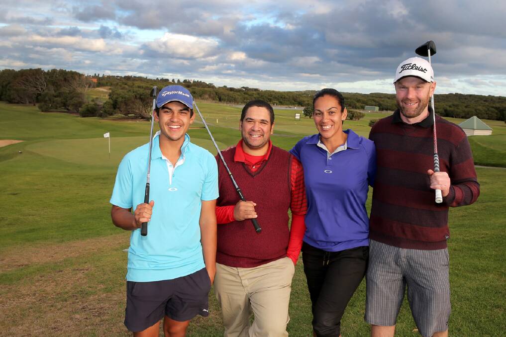 Ararat s Taine Pearse (left), 17, Kaputai Awarangi, Lee-Ann Moana and Jason McMahon, of Warrnambool, celebrate their four-person ambrose victory on the final day of the Warrnambool Golf Club s Festival of Golf. Picture: ROB GUNSTONE