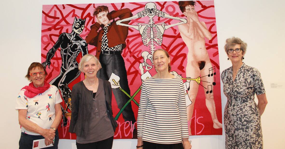 Australian tapestry legends at the opening of Organic Intimacy, (L-R) Sue Walker AM, Cheryl Thornton, Sara Lindsay and Professor Kay Lawrence AM.