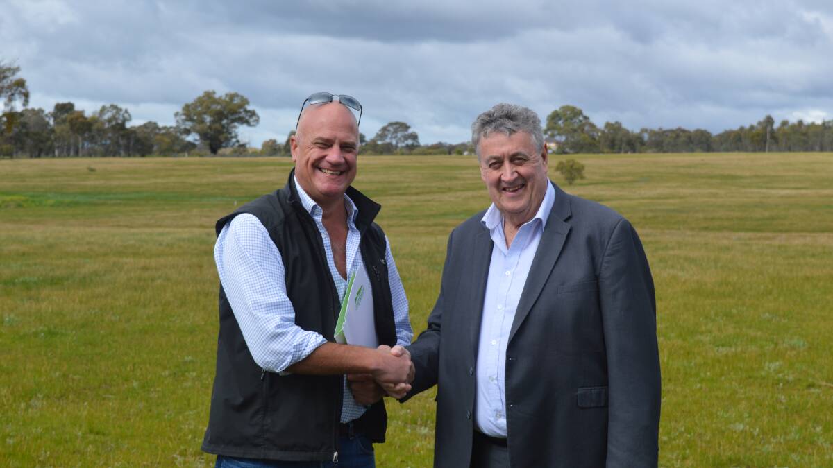 FUTURE: Northern Grampians ​Mayor Murray Emerson celebrates the granting of the planning permit with Nectar Farms chief executive Stephen Sasse. Picture: CONTRIBUTED