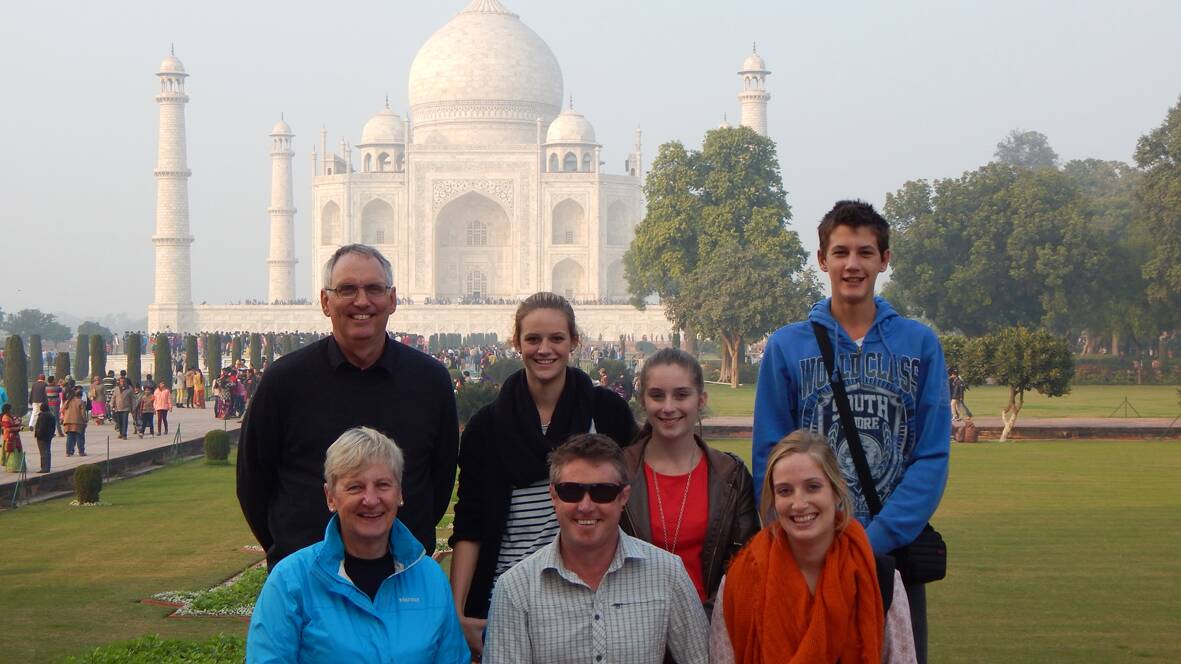 L-R (back) Mark Howard (teacher), Casey Potter (Yr12), Sarah Thewlis (Yr12),
Pat Graham (Yr12); (front) Pam Hayes (teacher), George Porter (acting Principal),
Kristie Newnham (teacher) at the Taj Mahal during their tour of India.