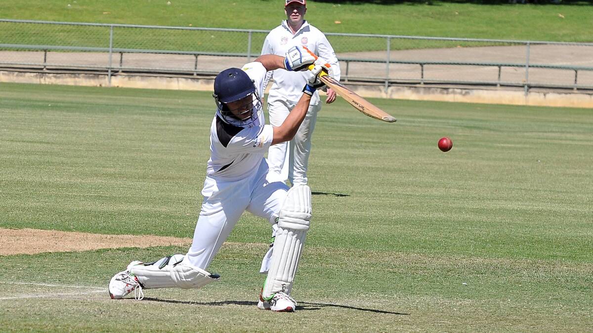 Pomonal’s Lee Oliver moves forward of the crease to hit the ball during his 23 run stay in the Grampians Cricket Association encounter with Swifts/Great Western. Picture: MARK McMILLAN