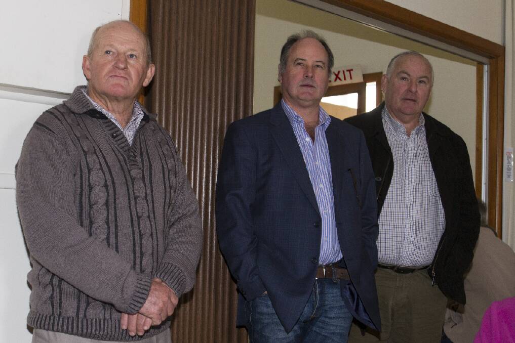 Three mayors (L-R) Robert Vance (Pyrenees Shire) , Paul Hooper (Ararat Rural City) and Kevin Erwin (Northern Grampians Shire) at the Crowlands meeting last week. Picture: PETER PICKERING