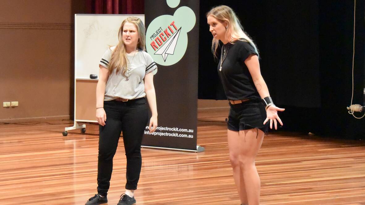 Caitlin Wood and Cassie Nugent from Project Rockit with their entertaining and creative discussion about cyber safety. Picture: SAM SHALDERS.