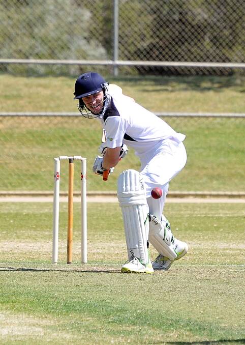 Pomonal A grade allrounder Lee Oliver moved onto the front foot to play this shot in the clash against Aradale at Central Park on Saturday. Oliver made six runs in Pomonal’s losing score of 7/142. Picture: MARK McMILLAN.