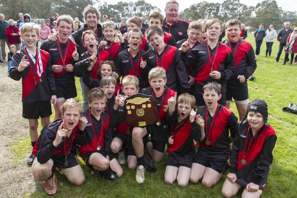 BACK-TO-BACK: Bombers celebrate their second Ararat and District Junior Football Association grand final win in a row. Picture: PETER PICKERING.
