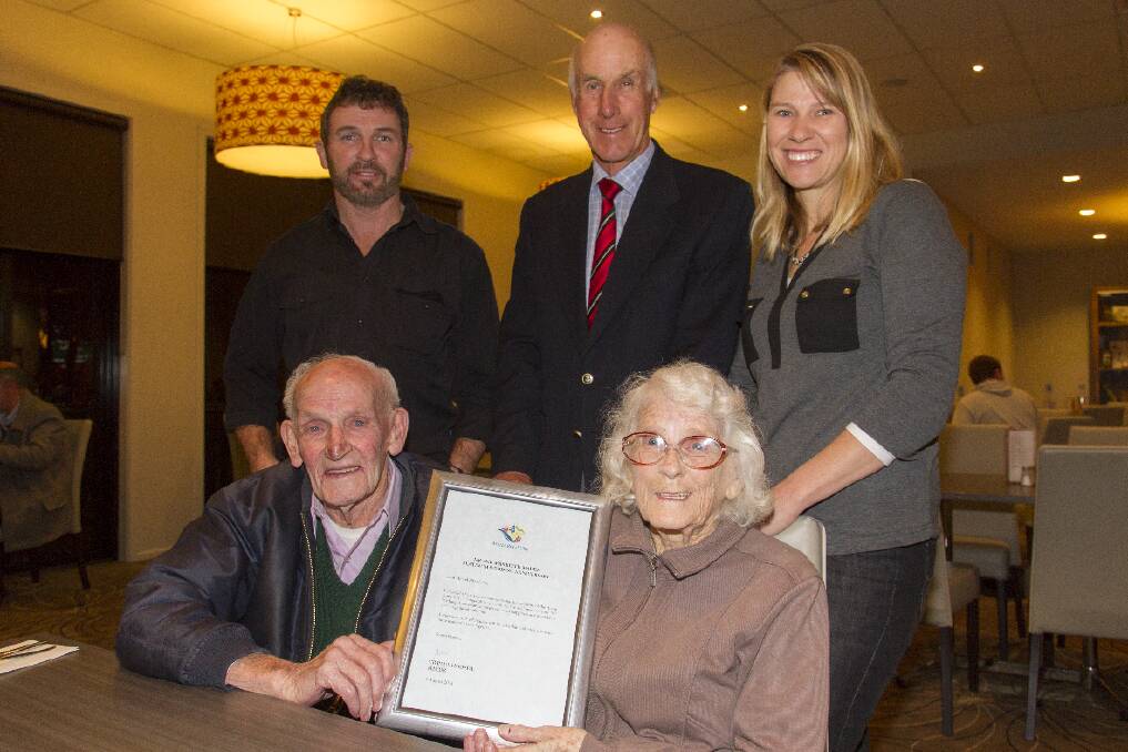 Darrell and Trish Madex with Ararat Rural City Councillor Colin McKenzie (back), join Keith and Norma Madex to celebrate their 70th wedding anniversary. Picture: PETER PICKERING
