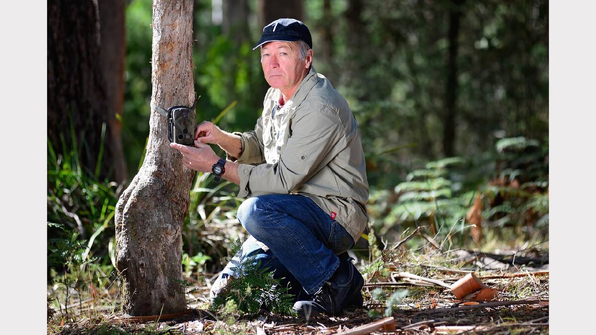 Tasmanian Tiger hunter Michael Williams, of NSW, sets up a motion activated camera in the hope of capturing video of a Tasmanian Tiger. Picture: Phillip Biggs