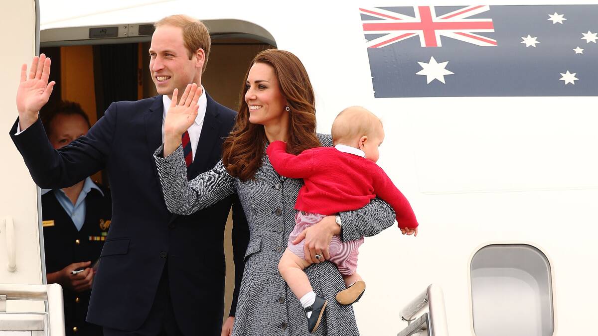 Prince William, Duke of Cambridge, Catherine, Duchess of Cambridge and Prince George leave Australia after their recent visit. Picture: Getty Images.