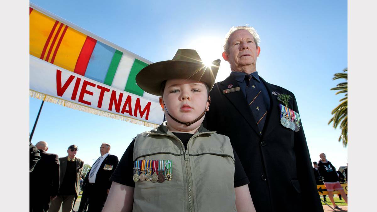 WODONGA: Tait Puitti-Treeve marched with his grandfather, Gary Treeve who is the president of the Murray Border Vietnam Veterans Association. Photo: The Border Mail. 