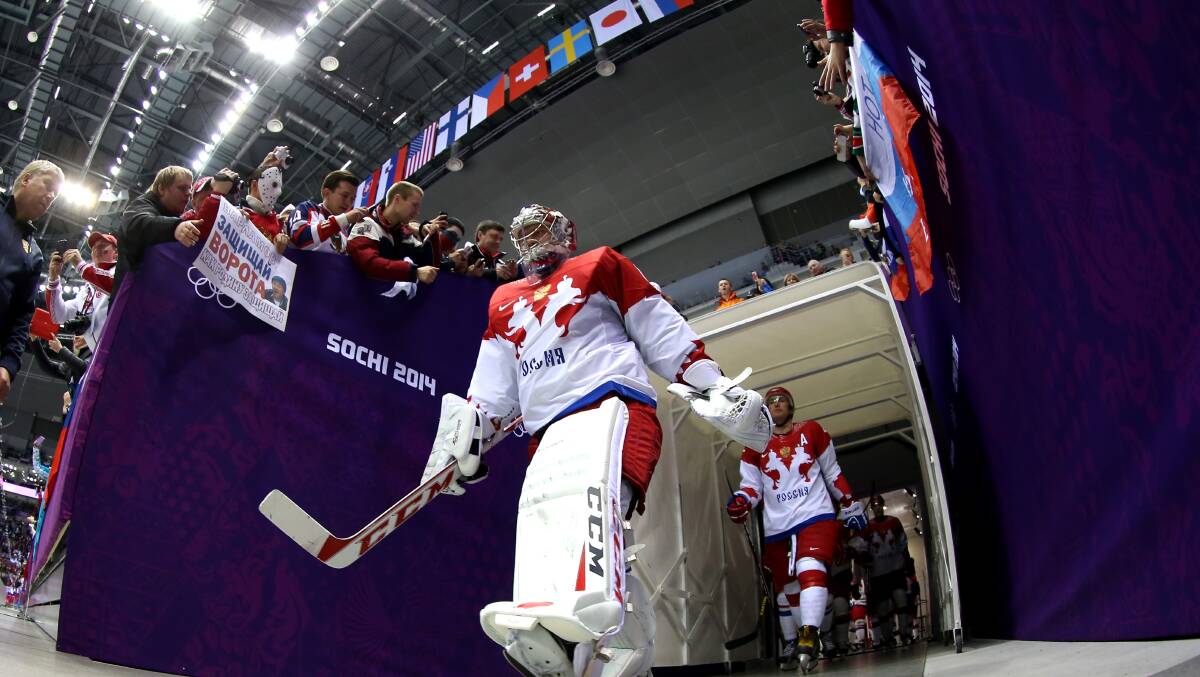 Semyon Varlamov #1 of Russia enters the arena during the Men's Ice Hockey Quarterfinal Playoff on Day 12 of the 2014 Sochi Winter Olympics at Bolshoy Ice Dome on February 19, 2014 in Sochi, Russia. Photo: GETTY IMAGES